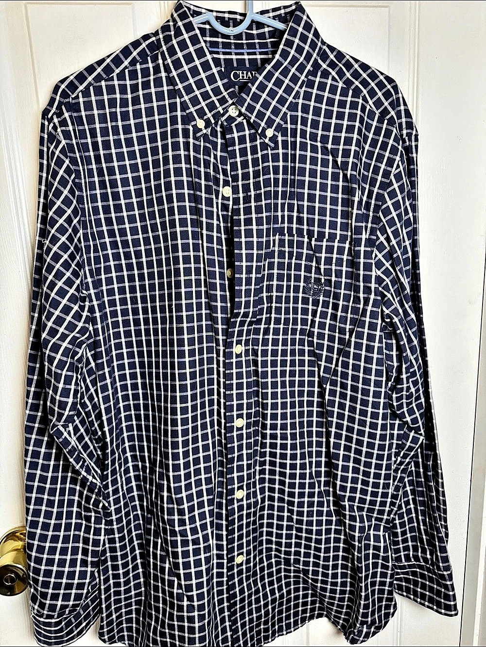 Chaps Plaid Easy Care Twill Button Down in Blue & White Medium